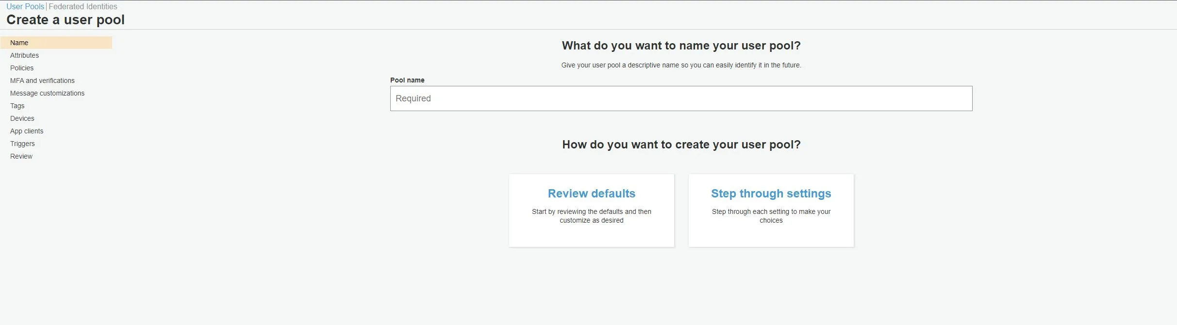 Authentication with AWS Cognito - Create User Pool